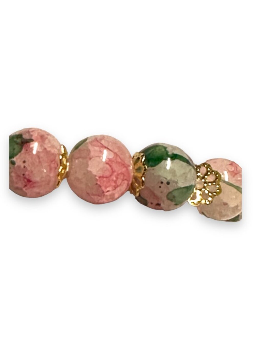 Crackled Glass Ombre Cherry Blossom Bracelet - Pink & Green Floral Stretch Brace - Picture 7 of 9
